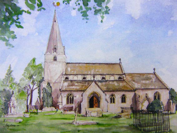 Detailed artwork of Bisley church by artist Jilly Cobbe