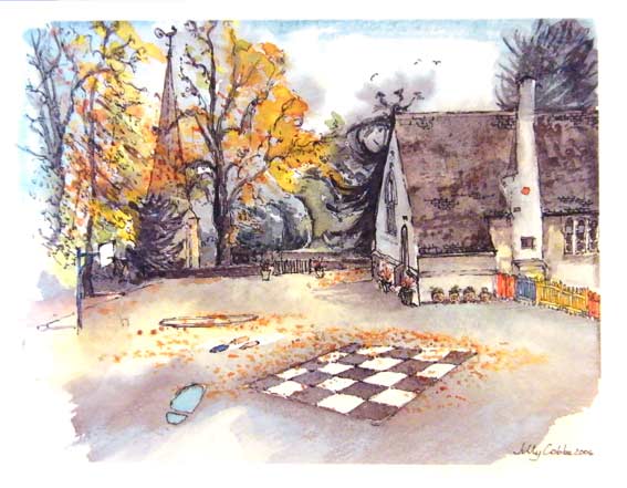 Detailed artwork of a school by artist Jilly Cobbe