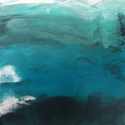 Abstract Painting in greens & blues of a Waterscape by Jilly Cobbe