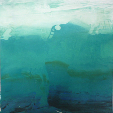 Abstract Painting in greens & blues of a Waterscape by Jilly Cobbe