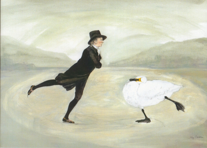 Painting of a skating minister and a swan inspired by The Skating Minister, is an oil painting attributed to Henry Raeburn by painter Jilly Cobbe